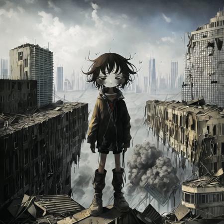 <lora:uminonaka:1>, 

full body, expressionless, empty eyes, post-apocalypse, crumbling city on background, portrait