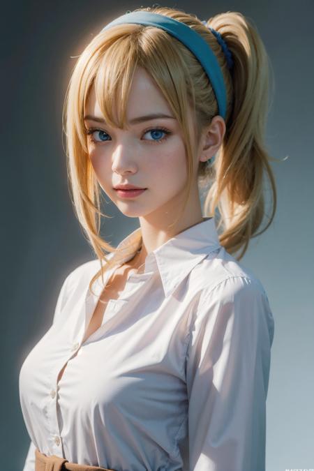 1girl , Beehive haircut, hairband,clear,
(realistic, photo-realistic:1.37),(8k, RAW photo, best quality, masterpiece:1.2), cute, ultra-detailed,heart-shaped pupils,physically-based rendering, ultra high res, looking at viewer,photorealistic,realistic, solo, photorealistic, best quality,extremely detailed face,extremely detailed eyes and face, beautiful detailed eyes,absurdres, incredibly absurdres,haunting smile,childish looks, best quality, masterpiece, portrait, a photography of a beautiful girl, detailed face,  pov, (((depth of field))), pale and lustrous skin, (flat chest), neon glow, random background,  <lora:AiHayasakaV4:1>
AiHayasakaV4, 1girl, solo, breasts, looking at viewer, blush, blue eyes, blonde hair, simple background, shirt, hair ornament, white background, hair between eyes, school uniform, white shirt, nail polish, side ponytail, v, scrunchie, hair scrunchie, blue nails, clothes around waist, blue scrunchie, shuuchiin academy school uniform