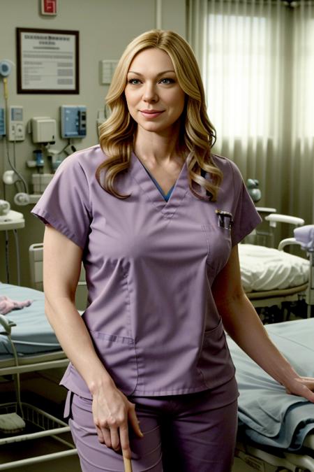 Highly detailed Laura Prepon in a (highly detailed hospital scrubs), cinematic lighting, detailed fancy house, <lora:laura prepon v1.35:1>, highly detailed eyes, <lora:breastsizeslideroffset:1.3>, grinning, holding a feather duster