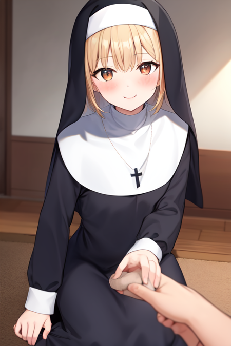 nun, pov, looking at viewer, smile, blush