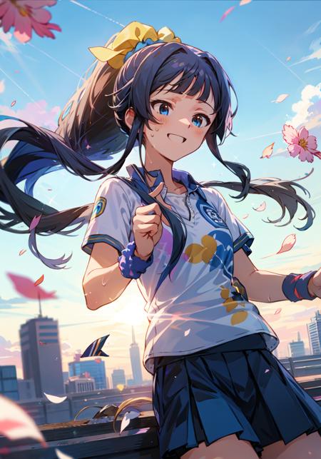 shizuka mogami (million live),
(best quality, 8K, masterpiece, ultra detailed:1.2),sparkle,light particles,blurry,lens flare,detailed backgorund,
gradient sky, day, dappled sunlight, blue sky, beautiful clouds, sunbeam, cityscape, skyline, floating petals,
1girl,solo,cute,slight smile,happy,innocent,collarbone,black hair, long hair, blue eyes, blunt bangs, sidelocks, high ponytail, hair scrunchie, sweatdrop, 
tennis uniform, sportswear, wristband,