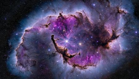 ((masterpiece, high quality, best quality) epic Reverse Motion of a celestial Lavender and Tyrian Purple nebula, galaxy, astrophotography, 32k, absurdres, highly detailed) in the background of a fallen satellite, twisted metal, electronic glitches, lost connections night sky, night sky photography