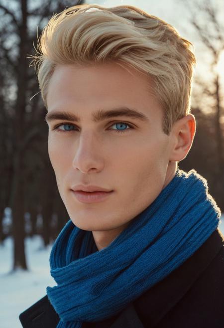 Male focus, stunning masterpiece, ((best quality:1.2)), ((a photo of a male model posing for a fashion photoshoot)), handsome, cute, 28yo, perfectly detailed handsome face, high cheekbones, detailed eyes, blush, blue eyes, soft smile, relaxed, short blonde hair, intimate, BREAK ultra-high-definition, hyperdetailed photography, sharp details, high quality, realistic, natural textured skin, 16k, intricate details, head shot, high fashion, editorial photo, BREAK World class and stunning, outdoors, winter scenery, golden hour, reflections, refraction, sunset, snow, trees in the background, looking at the sunset, side angle, black coat, blue scarf, elegant, preppy, in the style of alessio-albi, square jaw, cleft chin,