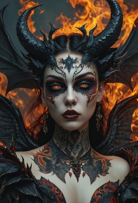 A woman with a voluptuous body and large breasts has an enchanting, yet sinister appearance. She embodies the characteristics of a demonic succubus, featuring demonic wings, a body tattoo, and an aura filled with both fire and demonic energy. Her style is distinctly demonic, and she carries herself with the grace and allure of a succubus. Her makeup and tattoos further emphasize her otherworldly persona.