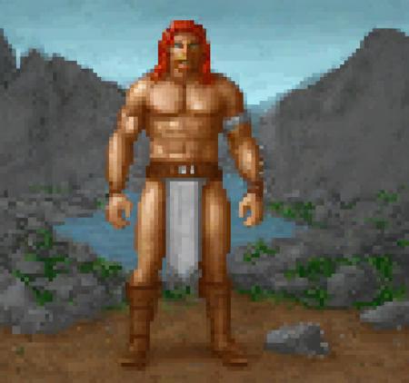 cinematic still Original HoMM2 style full-height character figure of a barbarian faction town captain. He stands on barbarian faction background in the original HoMM2 style. He has red hair and wears primitive attire made of a wolf hide with wolf's tail and head across his bare chest. The attire also includes a loincloth and fur-trimmed boots, and a riveted leather armband. The barbarian carries a long yellow stuff with round tip . emotional, harmonious, vignette, 4k epic detailed, shot on kodak, 35mm photo, sharp focus, high budget, cinemascope, moody, epic, gorgeous, film grain, grainy, The background featuring a landscape of rocky hills terrain. The layout includes a foreground with large, dark boulders and a patch of green grass on a gray dirt interspersed with small rocks, and a river stream encompassed by small boulders. The midground consists of a rocky, barren landscape leading up to the base of the round hills. The background showcases a range of rugged, blue-tinted rocky hills under a cloudy sky. The overall color palette includes shades of gray, blue, green, and brown, creating a natural and rugged outdoor scene, Original HoMM2 style, HoMM2, HoMM2 style, Heroes of Might and Magic 2, character, character design, character from HoMM2, character from Heroes of Might and Magic 2, character from Heroes of Might and Magic, town captain from HoMM2, town captain from Heroes of Might and Magic 2, town captain from Heroes of Might and Magic, stylized, blocky, full-height, full-height character, full-height portrait, barbarian, male, captain, town captain, man, muscular, strong, red hair, rugged, tribal leader, primitive, survivalist, stern, hunter, wild, untamed, tribal warrior, nomadic, loincloth, primitive attire, fur boots, leather belt, armband, riveted leather armband, tribal clothing, minimal clothing, battle gear, simple garments, hunterâs outfit, utility belt, survival gear, fur trim, traditional warrior wear, barbaric clothing, tribal gear, rugged attire, weapon holster, stuff, yellow stuff, stuff with round tip, barbarian armor, wolf hide, wolf fur, wolf head, wolf head hide, hill landscape, rugged terrain, rocky ground, barren, wilderness, natural setting, rough landscape, rocky hills, steep cliffs, craggy, rugged outdoors, harsh environment, hilly backdrop, rocky plains, natural beauty, highland, craggy hills, vast, wide, open space, barren mountains, stone formations, mountainous region, gray rocks, river stream boulders, river, stream, river stream, barbarian background, barbarian faction background, faction background, primal, tough, natural, gritty, bare, sky, fur, wilderness backdrop, by Tracy Iwata, pixel art, 8-bit, creature, original, Original HoMM2 style full-height character figure of a barbarian faction town captain. He stands on barbarian faction background in the original HoMM2 style. He has red hair and wears primitive attire made of a wolf hide with wolf's tail and head across his bare chest. The attire also includes a loincloth and fur-trimmed boots, and a riveted leather armband. The barbarian carries a long yellow stuff with round tip, cinematic light, dynamic composition, detailed, ambient aesthetic, very inspirational, inspiring, vibrant colors, inspired, pretty, creative, positive, cheerful, unique, engaging, beautiful, determined, attractive, agile, passionate, highly educated, color, winning, best, gorgeous, dramatic
