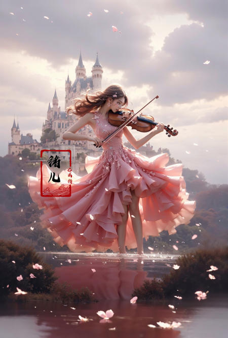 (A girl in a dress is in the air:1.3), playing a violin, (wide shot, wide-angle lens,Panoramic:1.2),super vista, super wide AngleLow Angle shooting, super wide lens, Castle background
violinbare shoulderspetalspink dressfrom belowblurry foreground waterripples
(full body:1.5),(long legs:1.3), 
<lora:~Q?-\ct4 violin:0.8>