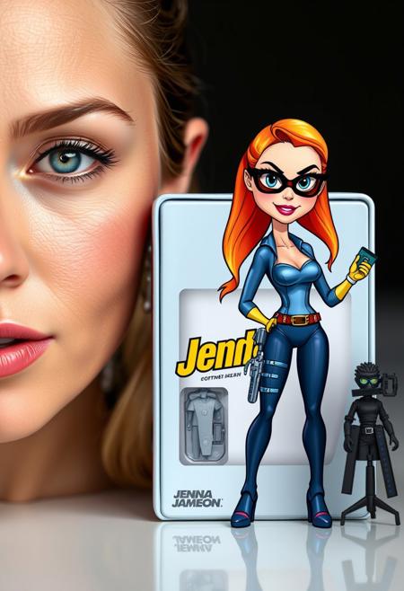 A photorealistic image of Jenna Jameson, lifelike appearance. Beside her, a cartoon-style illustration of het adorns a product packaging, vivid and colorful. The packaging is sleek, with the name 'Jenna' prominently displayed in bold, eye-catching fonts. Next to the packaging, there's a detailed action figure of her, complete with miniature tools and gadgets, capturing his essence as a resourceful hero. The overall composition is balanced, showcasing both the realistic and animated representations of the iconic character.<lora:gonza_v2:0.75>