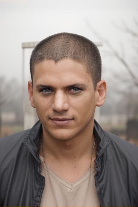 portrait, w3nm1l, handsome man, facial focus, looking at viewer, piercing eyes, handsome face, in a orange prison jumpsuit, in a graveyard, overcast