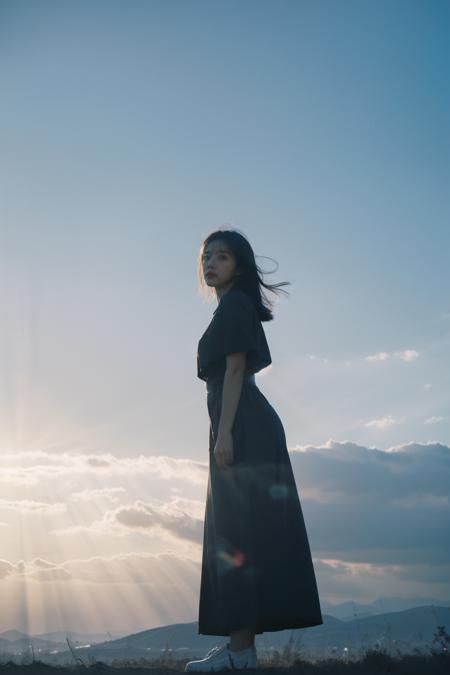 Best Quality,Masterpiece,Ultra High Resolution,(Realisticity:1.4),Original Photo,Cinematic Lighting,
1Girl,full body,<lora:Tyndall effect-Light:0.6>,blue sky and white clouds,