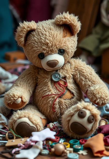 "Image of a damaged teddy bear, its once-plush fur now tattered and torn. However, instead of being discarded, the teddy bear is taking matters into its own hands - literally. With a tiny needle and thread, the bear is sewing itself back together, stitch by careful stitch. The bear's expression is determined, its button eyes fixed on the task at hand. The surrounding area is a mess of threads, fabric scraps, and other sewing supplies, but the bear is undeterred. Style: heartwarming, whimsical, and endearing, with a focus on capturing the teddy bear's resilience and determination to repair itself." Absurdres Highest-Quality, 4k