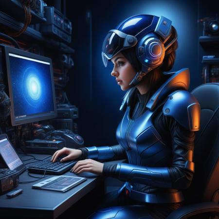 Ultra realistic  color pencil drawing of a cyber scavenger woman, trying to sell gadgets that she have collected. Wearing scrappy clothes on a desert planet.
BREAK 
Deep dark intense midnight blue misty background, Dark theme, dynamic lighting, (soft shadows), (soft focus), (photo realistic), extreme details, uhd, 8k