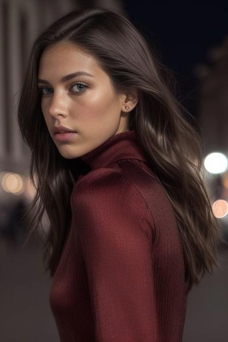 a portrait shot of a beautiful 30yo girl,walking in rome at night, realistic green eyes, dark red elegant dress, cleavage, fuji x3, 4k pores, detailed skin, perfect eyes