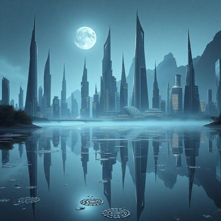 dreamlike futuristic city with towering spires and gleaming skyscrapers reflected on a still, silver lake in the foreground under moonlight with a clear sky