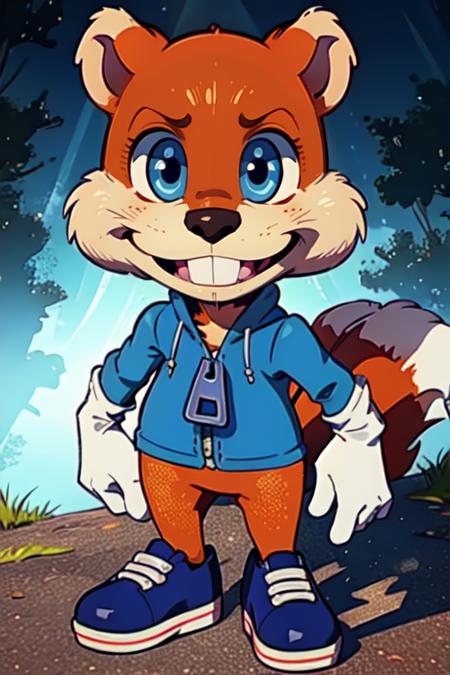 conker, blue eyes, buck teeth,  tail, 
sneakers,  white gloves,  blue jacket, zipper, long sleeves,  
solo, upper body,   standing,  smile, 
outside, plains, 
(insanely detailed, beautiful detailed face, masterpiece, best quality) cinematic lighting,
 <lora:conker-10v2:0.7>