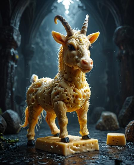 A portrait sketch picture of a centaur made entirely of cheese, cheese style <lora:Cheese_Style:0.65>, in a dark gothic and scifi setting, funny, cute, absurd, crazy, masterpiece, absurdres, vibrant, dynamic angle, dynamic pose, natural light, bokeh, depth of field, highly detailed, scenery, no humans, dark gothic, dark fantasy, gothic, mobe-godeen <lora:GothicDetailEnhancerV1:0.65>, <lora:MJ52:0.75>,