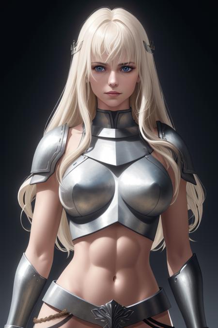 Upper body portrait, Topless++, best quality, (long hip length hair)1.2 blonde curly hair, white hair bow, bangs on forehead, blue eyes, striped (metal pauldron, metal gorget)+, large breasts, (bare midriff)+, toned belly, slim waist (metal tassets gaurds)++, metal gauntlets, soft lighting, natural lighting, 4k uhd, 8k