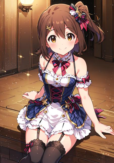 mirai kasuga (million live), (best quality, 8K, masterpiece, ultra detailed:1.2),
1girl, solo, erotic black legwear, garter straps, black thighhighs, small breasts, seductive smile