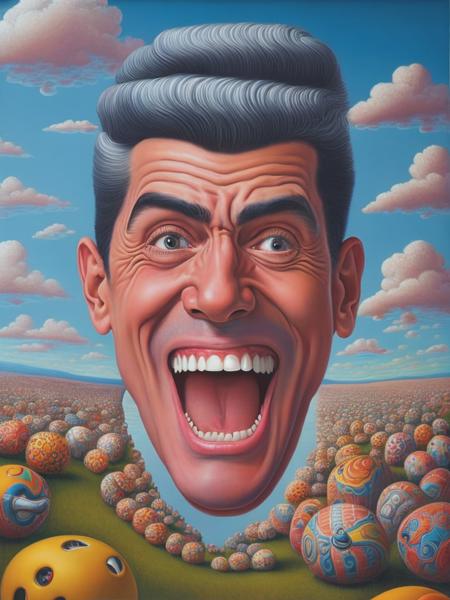 <lyco:AlexGross:1.0> a painting depicting the head of a man with teeth, in the style of artist alex gross, dynamic colors, clear focus, surrealism, psychedelic overload, steve sack, highly detailed figures, nightmare, exuberant