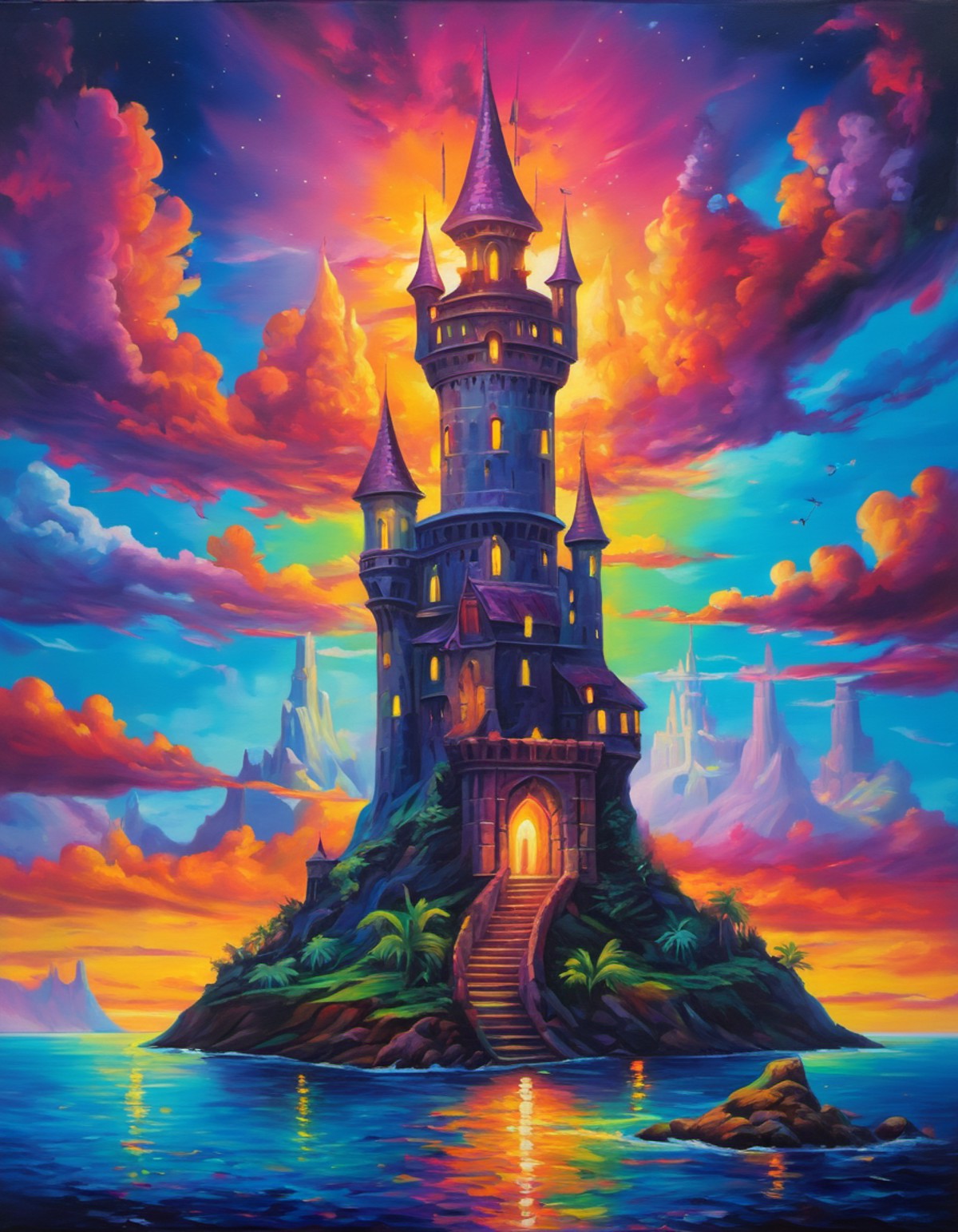 PsyAI, psychedelic painting of an epic wizards castle tower on an island in the ocean, (epic castle)+ spires, watchtowers ...
