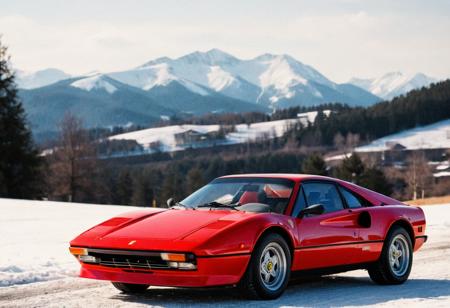 analog film photo (Sportscar gleaming red Ferrari 308, front side view, sunny scenic snowy mountains landscape), (stylish, film grain:1.5) . faded film, desaturated, 35mm photo, grainy, vignette, vintage, Kodachrome, Lomography, stained, highly detailed, found footage
