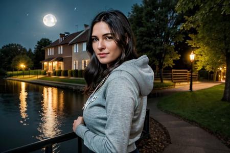 (RAW photo, subject, 8k uhd, dslr, soft lighting, high quality, film grain, Fujifilm XT3, masterpiece, best quality, extremely detailed photograph, volumatic light, ray tracing, bust shot , extremely detailed 8k wallpaper),beautiful woman, delicate face, big breast, oversized hoodie, short shorts, blue eyes, very long wavy black hair, soft lighting, stand on small path next to lake in beautiful town, houses and streetlights in background,hdr, (night:1.2), (moon)