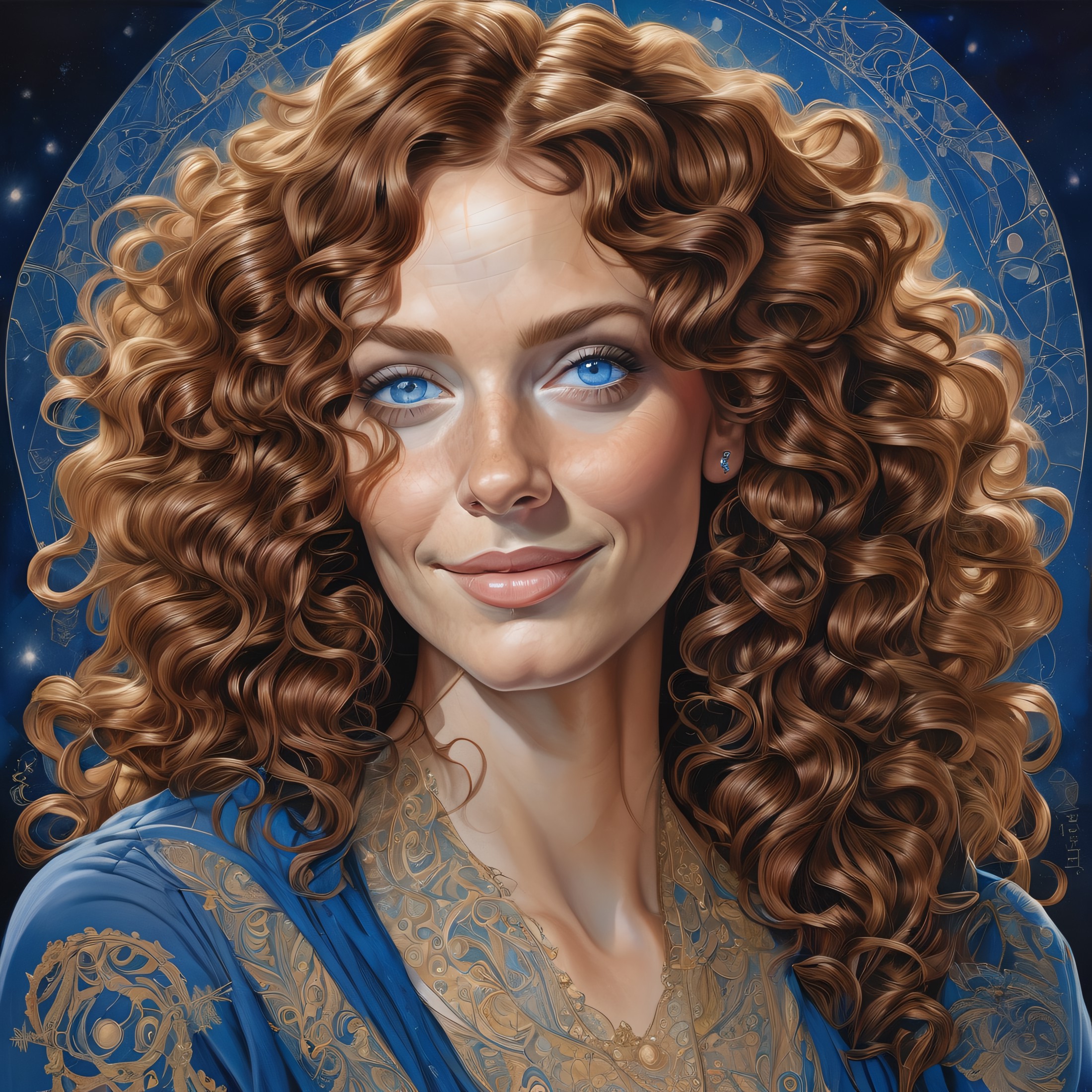 masterpiece, best quality, detailed eyes, detailed body, portrait, a woman with cascading curly chestnut hair, her sapphir...