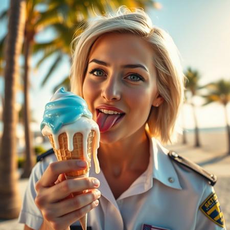 Capture a vibrant, sun-soaked scene on a lively summer day police uniform in Miami. Joy1, blonde woman, short hair, blonde hair, green eyes. The subject is a 25-year-old blonde woman of European police uniform. She is holding a melting ice cream cone with realistic, dripping textures, its creamy layers showing a gradient of sky blue, white, and pastel pink.police uniform  The ice cream is visibly melting, with droplets glistening in the warm sunlight, some already dripping onto her hand.
She leans slightly forward, her tongue sensually touching the melting ice cream, creating a playful and indulgent vibe. Her expression is both teasing and joyful, with the small traces of ice cream visible on her lips and tongue adding a layer of realism. The lighting is golden and soft, casting a warm glow on her sun-kissed skin, enhancing the natural summer atmosphere. The background captures the essence of Miami, with palm trees, a bright blue sky, and hints of the beach and ocean in the distance, giving the scene a carefree, summery feel.
Her reflective sunglasses catch the sunlight, adding a stylish, modern touch to the composition. perfectly encapsulating the joy and warmth of a summer day in Miami. The melting ice cream should look incredibly realistic, with small droplets and softened edges, as though caught in the perfect moment. police uniform