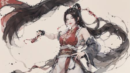 <lora:mai shiranui:0.6>, (Chinese fan:1.7),(mai shiranui:1.2), (mai shiranui red dress:1.2), King of fighter 98, Amazing, finely detailed, light smile, extremely detailed CG unity 8k wallpaper, ultra-detailed, high res, absurd res, soft light, rim light, vibrant details, depth of field, dramatic action, camera from below, inkbrush,((POMO_BG)) ,hanfu, 80% full body,1girl, solo, dynamic pose, dress flip, Floating dress, Speckled Ink Painting, Ink dot, ink splashing, Ink marks, focus on the girl, looking at the viewer, colourful, <lora:mo:0.4> ink splash, <lora:shuV2:0.5> shukezouma,  <lora:qianjinghui:0.6>