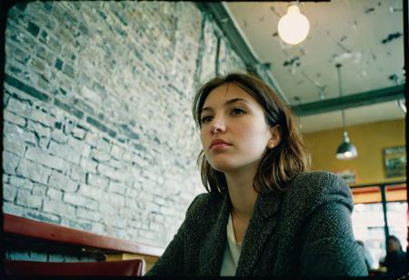 european woman 25 years old sitting at cafe,  watching away,from below, wide angle shot, dark ambient, kodak portra 160 analog film, light leaks on negative, artsy, ultra wide angle, contact test, damaged print,direct flash, faded, light leaks on print,grainy,blurry, pixelated, motion blur, vignette, scratches on print, damaged scan