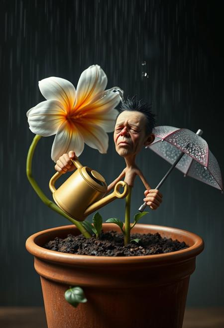 "Create an extremely detailed and hyper-realistic image of a flower watering a person sprouting from a pot. The flower, with delicate petals and a slender stem, is holding a watering can and pouring water onto the person's head. The person, however, is not just any ordinary person - they are sprouting from the soil in the pot, with their body only halfway visible. They are holding an umbrella to try and keep themselves dry, but it's clear that they're not doing a very good job. The person's face is contorted in a comical expression of frustration and embarrassment, while the flower looks on with a serene and innocent expression. The image should be rendered in a hyper-realistic style, with incredible attention to detail and texture. Think 'photorealistic' and 'absurdly humorous'."
