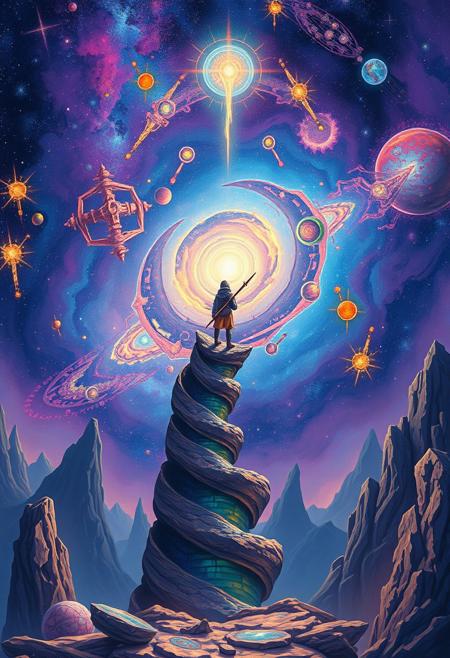 A cosmic traveler standing atop a spiraled tower, overlooking a galaxy painted in liquid hues
vibrant science fiction, fantastical surrealism, luminous color palette, intricate detail, imaginative worldbuilding, dreamlike compositions, glowing light sources, whimsical figures, cosmic landscapes, mythic storytelling, painterly textures, magical realism