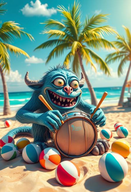 Whimsical Concept Art. Medium shot. A comedic monster plays drums on a colorful beach. Low-angle shot. Vibrant oil painting with triadic colors. Exaggerated facial features. Bright beach balls surrounding the monster. Palm trees swaying in the ocean breeze. Warm, sunny lighting with long shadows. Best quality, 8k resolution, incredibly detailed, cartoonish, fantastical, humorous, tropical, fun, playful, joyful, carefree, วด entertaining, amusing.
