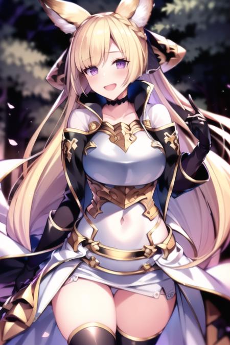 gbfyuisis, best quality, ultra-detailed, masterpiece, finely detail, highres, beautiful detailed eyes, 1girl, dynamic angle, shiny blonde hair, (long hair:1.05), braid, (half up half down:1.15), blunt bangs, (blonde fox ears:1.05), (erune:1.15), (purple eyes:1.10), (black ribbon:1.25), (big black hair ribbon with gold rim:1.25), black choker, (white very short dress:1.25), (white clothes:1.10), armor, breastplate, bare shoulders, (covered navel:1.15), open back, strapless, (very short skirt:1.10), black gloves, black belts, black kneehighs, zettai ryouiki, boots, (medium breasts:1.05), (blush:1.05), (temptation:1.10), lewd, smile, open mouth, standing, looking at  viewer, from below, forest, (bloom:1.25) <lora:lora_yuisisv4_loha:0.75>