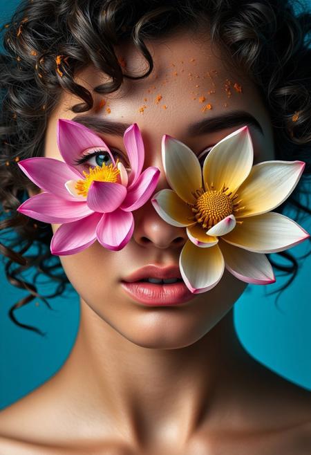A digital work of art that depicts a female face of a Slavic girl in close-up. The woman has natural hair, styled in loose curls and covered with splashes of orange pollen. A large pink lotus flower is painted on her face, located on the side of her face, which takes over the accent of the composition. The flower has a yellow core surrounded by white and pink petals. The background is bluish, which makes the pink flower even more noticeable. Overall, the result is a vivid and vivid image that conveys a sense of beauty and power.