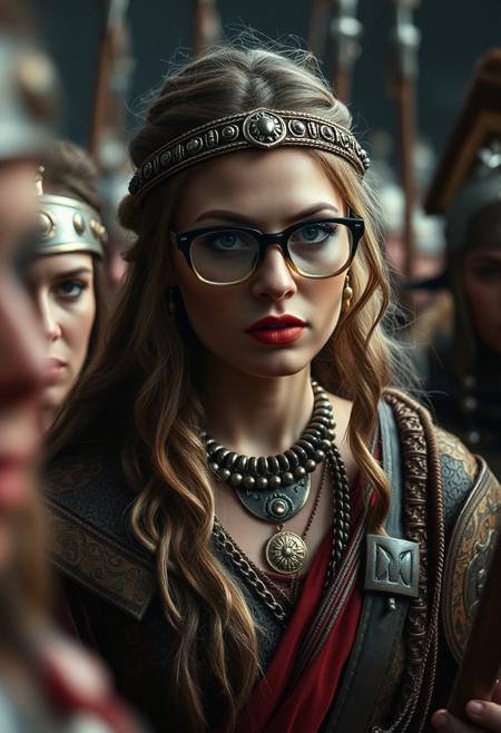 The famous revolt of the Iceni tribe, led by Queen Boudica, (red lips, glasses) challenges Roman authority, 
ultra quality, ultra detailed, intricate details, 8k, ultrarealistic, masterpiece, 35mm photograph, film,  professional, 4k, highly detailed, masterpiece, award-winning, professional, highly detailed. Dark, lit,    designer,  picturesque, lavish, RAW candid cinema, 16mm, color graded portra 400 film, remarkable color, ultra realistic,