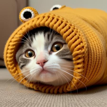 <lora:green_ois_hat:1.0>A sleepy kitten in a yellow ois hat with a pair of frog eyes BREAK, curled up on a cushion, its paws tucked under its chin, in a pencil sketch style.