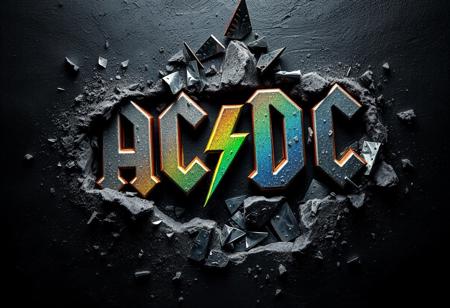 A striking depiction of the AC/DC logo forcefully pierced into a rugged wall of concrete. The letters and lightning bolt are deeply carved, and the scene is enhanced by metallic shards embedded around the logo, as if pieces of steel were shattered upon impact. Fragments of metal and concrete scatter across the surface, reflecting light with a sharp, industrial gleam. The gritty texture of the concrete is contrasted with the shiny, jagged metal particulars, while vibrant rainbow colors streak across the scene. The entire composition is set against a solid black background, intensifying the contrast and making the colors and details stand out vividly