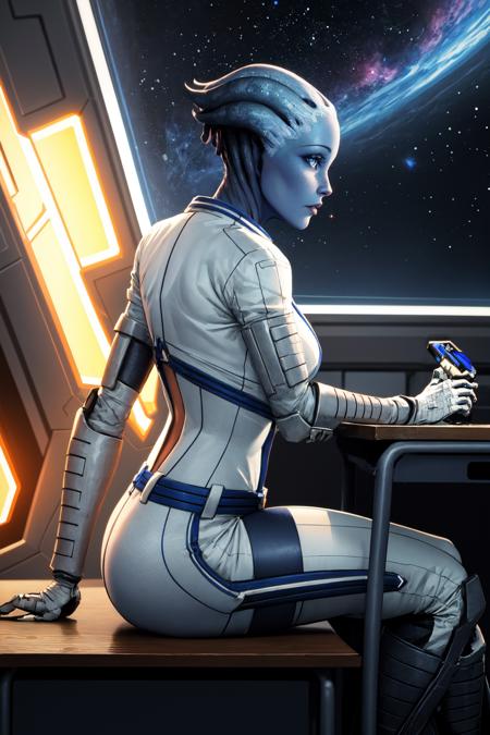 (masterpiece, best quality), spacecraft interior, space, starry sky, sitting, on desk, science fiction, futuristic, cowboy shot, 1girl, solo, LiaraTsoni, colored skin, blue skin, blue eyes, freckles, tentacle hair, medium breasts, <lora:LiaraTsoni_V1-Manityro:1.0>, LiaraTsoniMain, holographic monitor, hologram, from side