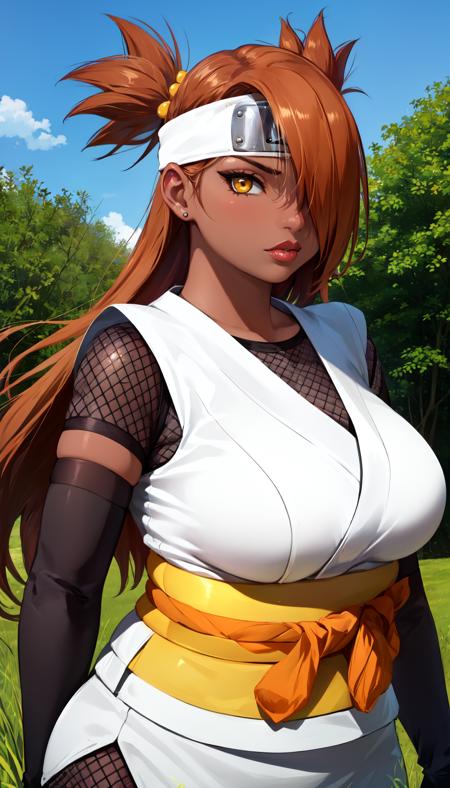 masterpiece, best quality, outdoors, field, forest, grass,
chouchou, 1girl, solo, looking at viewer, upper body, dark skin, yellow eyes, brown hair, orange hair, dark-skinned female, long hair, hair over one eye, 
headband, jewelry, forehead protector, japanese clothes, fishnets, sash, thighhighs, breasts, lips, ninja, plump, fat, huge breasts,
<lora:LoRA_Chouchou:1>, <lora:Concept_Plump:1>