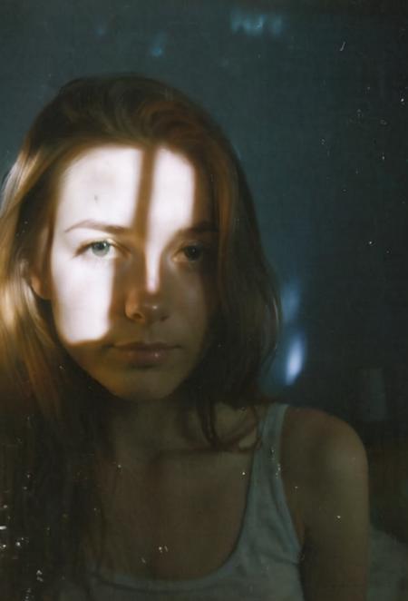 FP100C, Portrait, womans bedroom scene, portrait photo of stylish 21yo Canadian woman, soft facial features, perfect detailed eyes, natural skin, (hard shadows:.81), prismatic light, grainy, shadows, spotlight, sensual, voyuerism <lora:FP100C_frameless:.91>