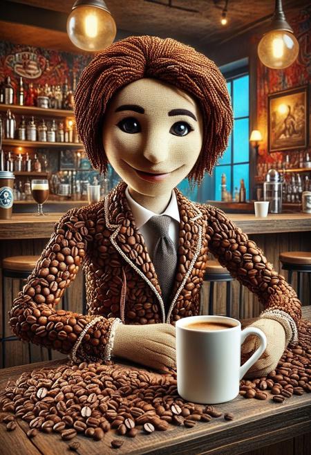 puppet, drinks a coffee, sitting at the bar, detailed background, artistic, look at the viewer, rating safe, fantasy background, colorfull, coffee beans