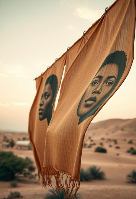 High-angle perspective, cast bronze surface rendering of large hanging fabrics with abstracted Afro-Cuban faces swaying in the desert wind.  Surreal conceptual landscape photography, antique patina finish, earthy tropical color palette,  Afro-Cuban mythology, minimalist dreamlike compositions.