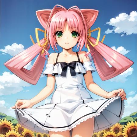 solo, Tamase Miki, green eyes, pink hair, hair intakes, hair ribbon, sundress, sunflower field, detailed