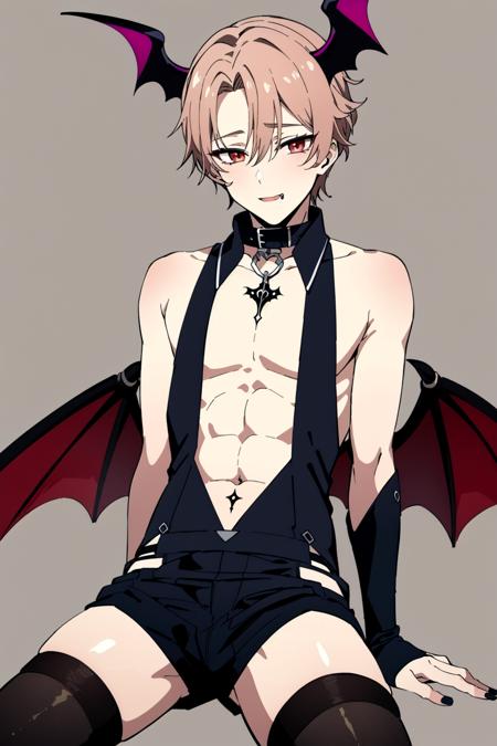 (best quality, masterpiece:1.4), <lora:asmodeus:.75>, asmodeus, 1boy, femboy outfit, thigh high socks, arm sleeves, collar, simple background, shirtless, (seductive look), painted nails, bat wings, devil horns