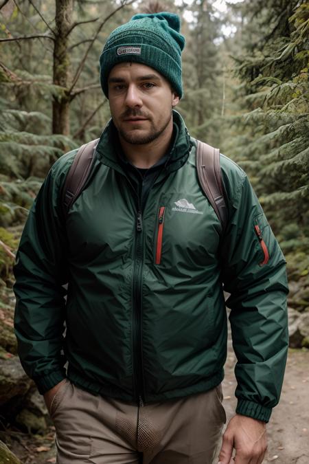 VaclavNikdo, photo of a man hiking in the forest, wearing an outdoorsy jacket and beanie, big backpack, realistic, masterpiece, intricate details, detailed background, depth of field <lora:VaclavNikdoLora:1>