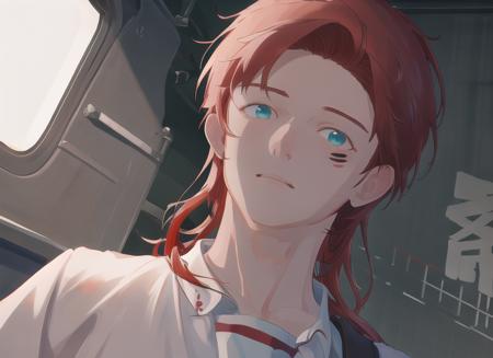 (best quality),(masterpiece), (extremely detailed 8K wallpaper),ultra-detailed,cinematic lighting, detailed light, best shadow, dyanamic angle, from down, train station, train, signal light, 1boy, leonard dung, red hair, aqua eyes, earring, single horn, strip mark on face, shone, white shirt,, detailed face, detailed reflctive eyes, beautiful eyes, extremely deatiled face,reflective hair,