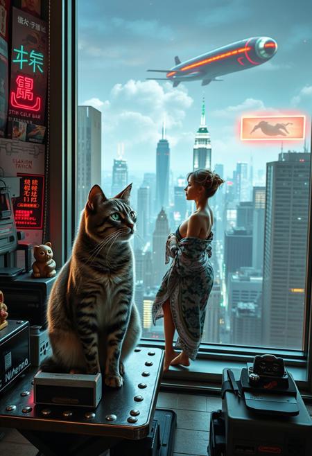 Grey tabby cat with green blue eyes sits on a cluttered metal riveted desk next to a maneki neko statue and a small Nintendo , the cat is looking out to a floor to ceiling window that looks out over a futuristic cyberpunk New York skyline with skyscrapers, holographic advertisements, futuristic airships covered with lights and advertisements in Japanese, a space elevator, (((a tall thin beautiful young woman, 22 years old, is standing next to the cat looking out at the city through the window))), The woman is dressed in an ornate Japanese style bath robe, exposing a small bit of cleavage and her lower legs.  The woman's hair is messy from just waking up and tied up with a ribbon. Artistic cyberpunk, dynamic perspective, a translucent neon projection of a strip club bar advertisement displaying a partially dressed woman is visible on a nearby building, neon and led lighting in the apartment, military futuristic space ship visible in the distance,