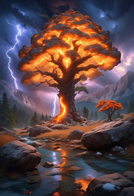 (by Ellen Jewett:1.5), (Fiery orange Bioluminescent Impressionism with lightning, mountain landscape, The Dreamland, Gibson Great  Mountains, rock, sky, giant tree, great grand tree on mountains, great fire, great lightning, scenery, great great magical tree, sunset, sunrise , stream, lightining, snow and ice, ethereal landscapes, depth of field, biotech emotion:1.3) <lora:xl_more_art-full_v1:0.5> <lora:add-detail-xl:1> , ral-wlfnte <lora:RMSDXL_Creative:2>