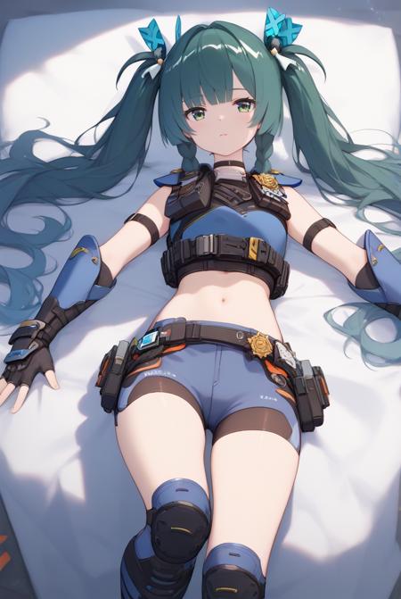 Zero_Qing yi,green eyes,navel,twintails,long hair,bangs,twin braids,green hair,side braided hair,