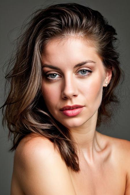 jnh, closeup portrait of young woman, topless, rim light, (grey background:1.0),
<lyco:JenniferH-RealVision-V1.0:1.0>